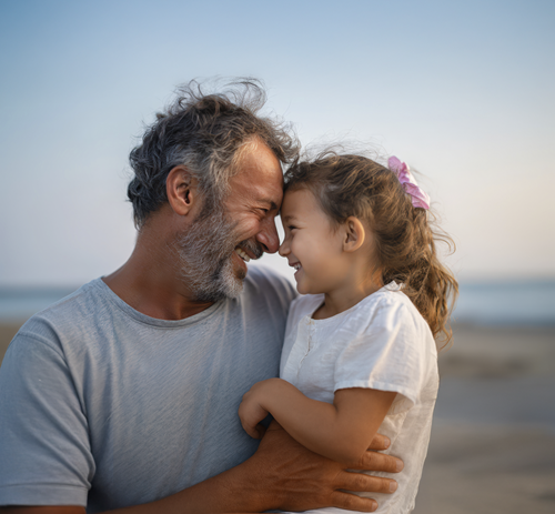 Oticon hearing aids help a man enjoy a meaningful moment with a young child outdoors, showing the connection and clarity better hearing can support.
